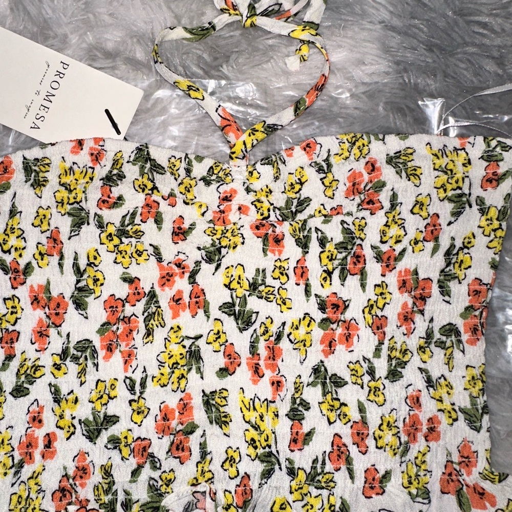 Promesa Smocked Floral Halter Crop Top - White with Yellow Green & Coral - NWT - Picture 4 of 5